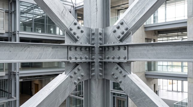 Heavy Duty Structural Steel Beam Connection Joint Detail inside a Modern Industrial Building Space