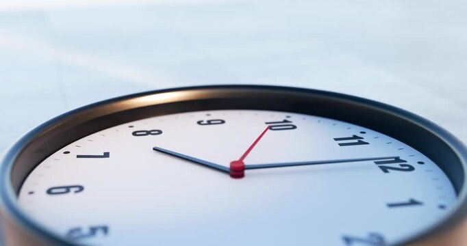 Close up camera view of analog clock at seven am with ticking second hand and morning sunlight reflection