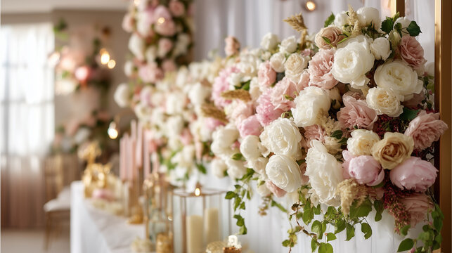  Romantic floral backdrop with elegant flowers and gold tones, perfect for weddings, invitations, or romantic events.
