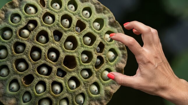 Woman hand touching green lotus seed pod with seeds inside holes. Natural texture and pattern of dried lotus capsule close up. Botany, plant reproduction and trypophobia concept