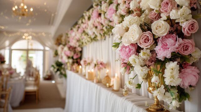 Romantic floral backdrop with elegant flowers and gold tones, perfect for weddings, invitations, or romantic events.
