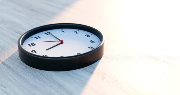 Analog clock on wooden floor at eight am with ticking second hand and moving morning sunlight shadow