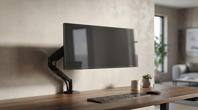 Modern computer monitor on an adjustable arm stand on a clean wooden desk