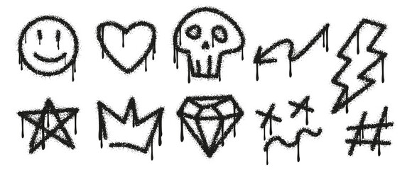 Obraz premium Black spray paint graffiti icons set. Urban aerosol stencil symbols, dripping paint smiley face, heart, skull, lightning, star, crown, and diamond elements. Street art doodle vector illustration set. 