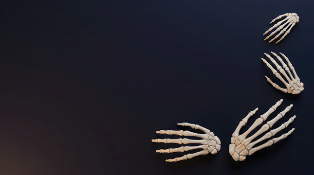 Dramatic still life of human skeletal hands and arms against a dark textured background