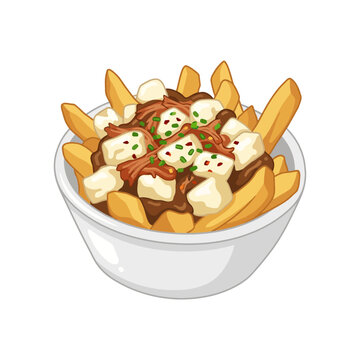 This vibrant image showcases a bowl of poutine, featuring golden fries topped with luscious gravy and creamy cheese curds, offering a delightful and hearty indulgence.