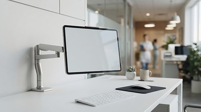 Modern computer monitor on a desk arm in a bright professional office workspace