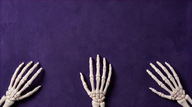 Three pale human skeleton hands are reaching upwards against a textured dark purple backdrop