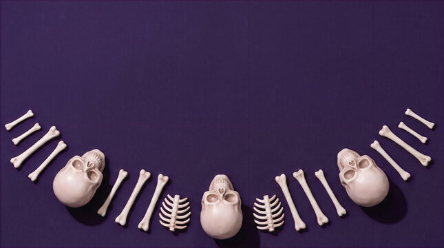 Spooky halloween decoration featuring plastic skulls and bones arranged in a creative garland layout