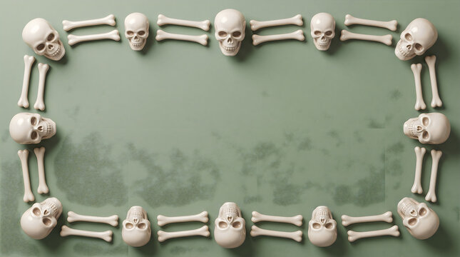 A spooky skeletal frame constructed from skulls and bones against a muted green background
