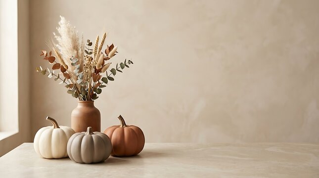 Minimalist autumn decor with pumpkins and dried flowers