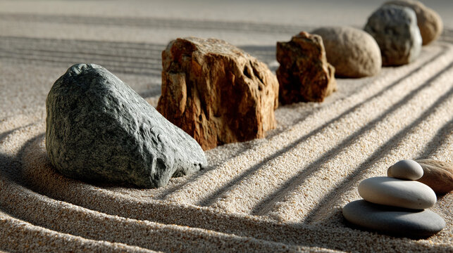 A serene zen garden backdrop with calming sand patterns, perfect for meditation themes and wellness brands.

