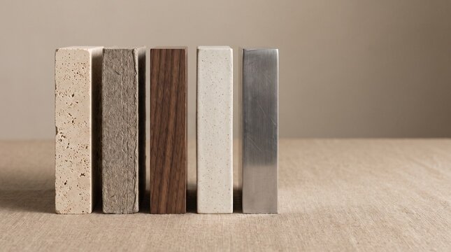 Variety of architectural material samples featuring stone, wood, and metal surfaces for interior design and construction planning