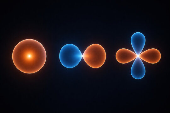 Atomic orbital shapes glowing in scientific illustration