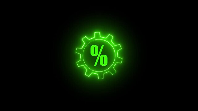Percentage symbol inside a glowing green gear icon representing financial discount and business sale events on a dark background.