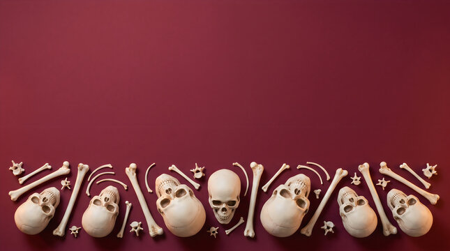 A row of human skulls and bones against a deep maroon colored background for halloween