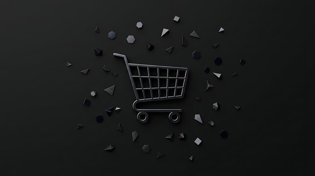 Shopping cart icon with floating geometric shapes