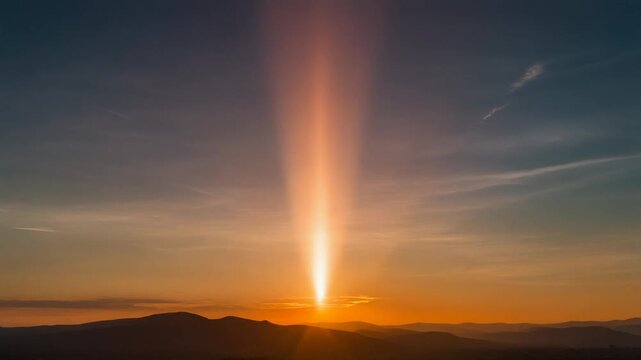 A vibrant golden sunbeam pierces through the clouds during a serene sunset sky.