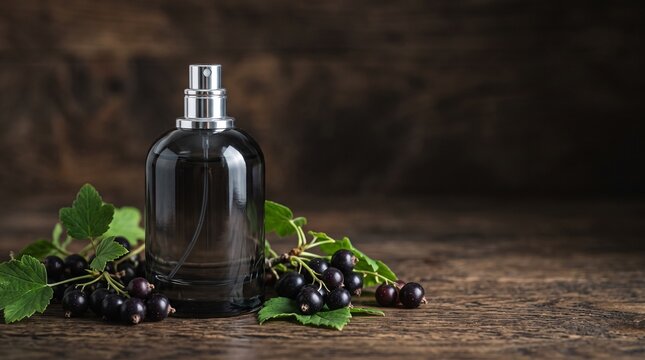 Black currant perfume bottle with fresh berries on wooden background