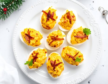 Overhead view of deviled eggs on a white plate, topped with bacon and parsley sprigs