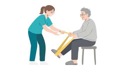 Obraz premium Female therapist aids elderly man in leg exercise with resistance band