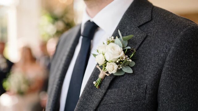 Close-up of a groom in a dark grey tweed suit with a white rose boutonniere. Man breathing subtly while waiting at a wedding ceremony. Formal menswear and marriage concept