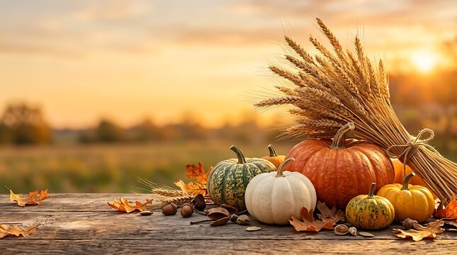 Autumn harvest display with pumpkins and wheat