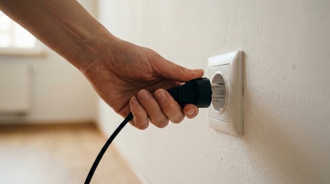 A close up shot of a person holding a black electrical cord, getting ready to leave it unplugged from the white wall socket in a minimalist room with natural daylight