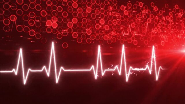 Abstract medical background with a glowing ekg heart rate monitor line and digital hexagonal patterns