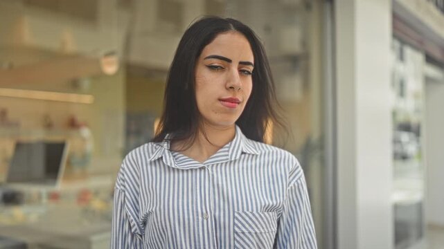 Woman smiling with eyes closed and slight head tilt by storefront window on street, striped shirt and glass reflection visible; serene.