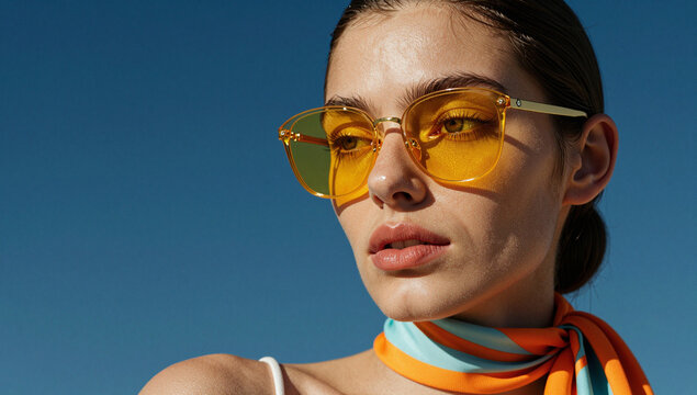 Woman tinted yellow sunglasses outdoor
