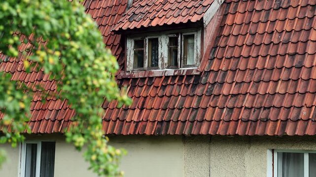 Old house with tiled roof and attic window hidden among green trees. Rustic cottage facade in summer forest. Tranquil nature and vintage architecture concept.