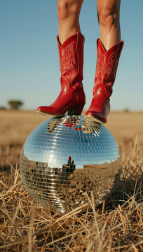 Red cowboy boots on disco ball