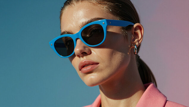 Woman blue sunglasses blue background