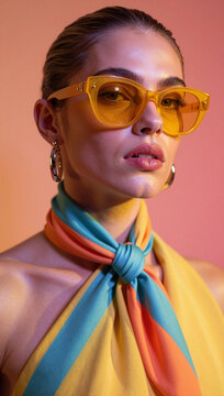 Woman yellow sunglasses scarf portrait