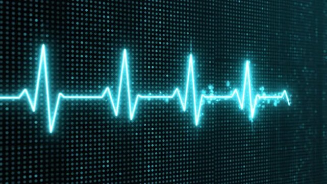 Digital heartbeat monitor display with a glowing blue ekg line on a dark pixelated background, symbolizing medical diagnostics, cardiology, and realtime health monitoring technology