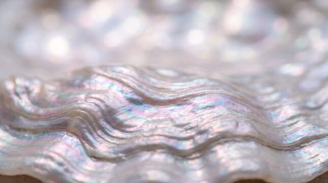 Macro close up of iridescent abalone shell texture with shimmering pearl nacre surface.