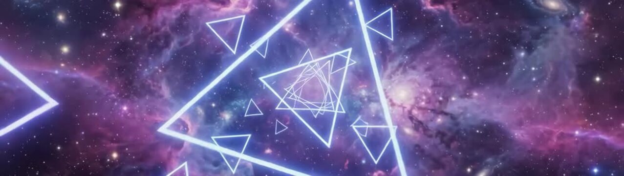 Futuristic space travel concept glowing neon triangles flying through deep cosmos and purple nebula motion background for sci fi and digital art.