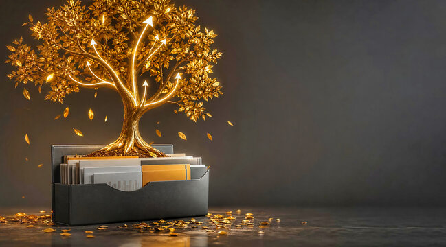 financial growth concept with golden money tree growing from document organizer file