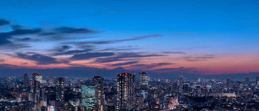 Tokyo cityscape in Minato ward with Mount Fuji silhouette glowing against twilight sky