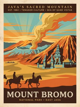 Mount Bromo volcano landscape in East Java Indonesia vintage travel poster illustration