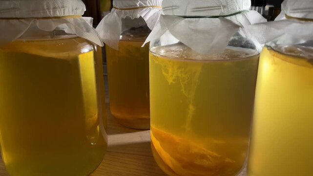 Kombucha fermentation. Scooby-Doo mushroom in a tea jar under a lid.
Glass Jars With Yellow Liquid