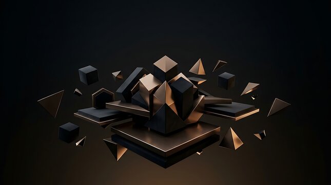 Abstract composition of floating geometric shapes in gold and black