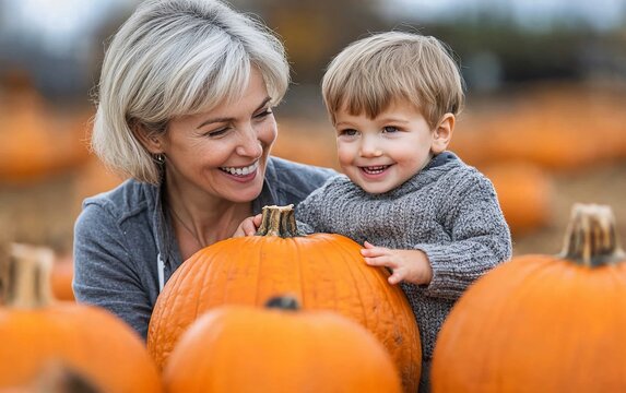 A grandmother and her grandson smile happily as they pick out pumpkins together at a pumpkin patch.