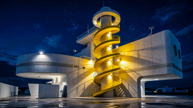 Fa&ccedil;ade de batiment moderne avec escalier en spirale, vue de nuit avec &eacute;clairage
