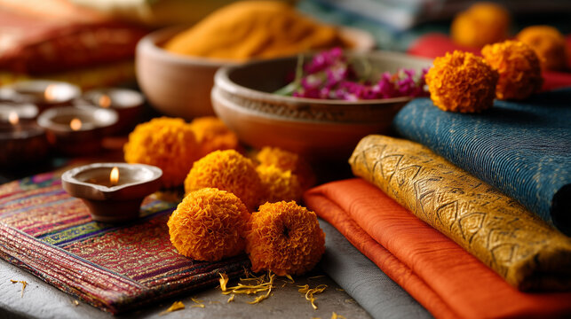  A vibrant traditional Indian festive backdrop with marigold garlands and ethnic patterns, suitable for Diwali and wedding themes.
