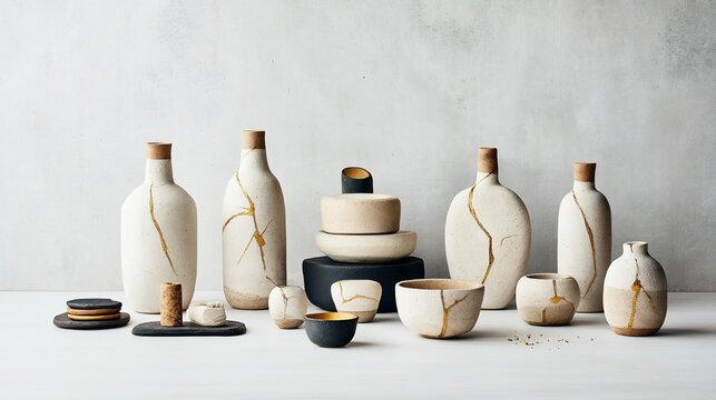 Repaired ceramic vases, bowls, and objects with gold-filled cracks, showcasing unique kintsugi art
