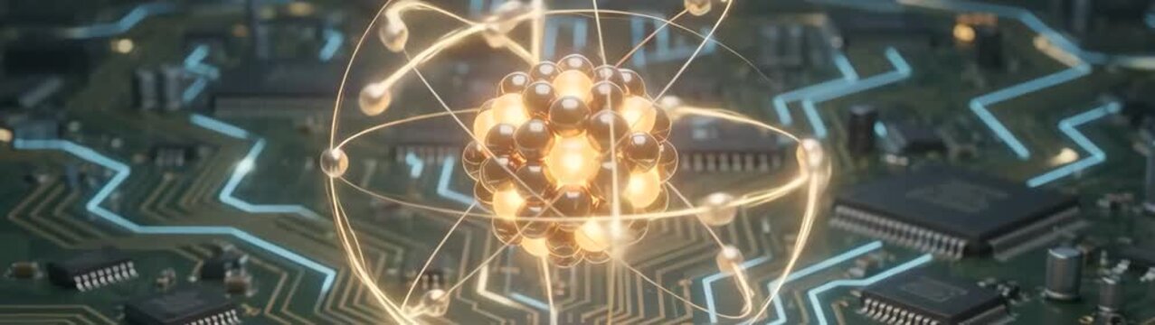 Quantum computing and advanced technology concept glowing atomic structure hovering over a digital circuit board futuristic data processing and innovation.