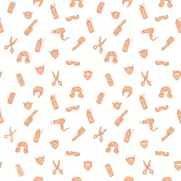 Orange monochrome barbershop and hair salon seamless pattern for graphic design resources, cute cartoon hairdressing tools and beard doodle background, AI illustration