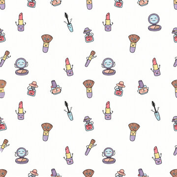 Cute cosmetics and makeup seamless pattern for graphic design resources, funny beauty tools and skincare doodle background, AI illustration